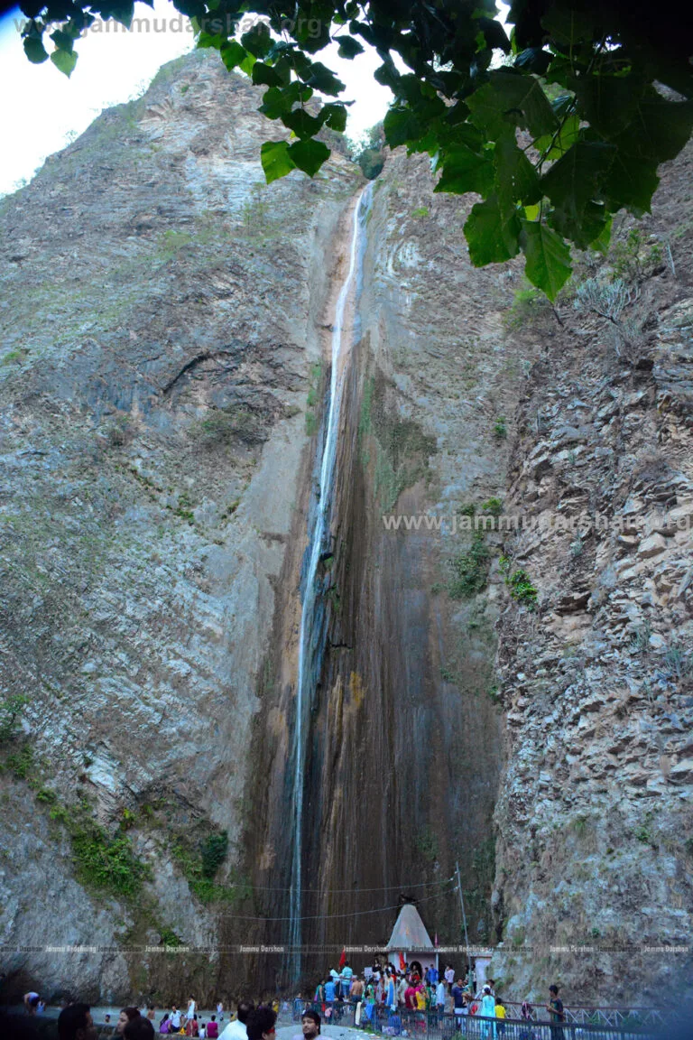 Siarh Baba shrine courtyard with waterfall view, Reasi